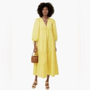 Tuckernuck Hyacinth House Mila V Neck Cotton Tiered Midi Dress in Yellow Size XS